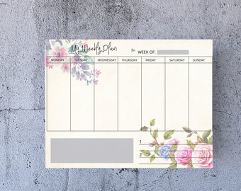 May include: A weekly planner with floral accents. The top of the planner reads "My Weekly Plan" and includes spaces for each day of the week. Floral designs in pink, purple, and blue adorn the top and bottom corners.