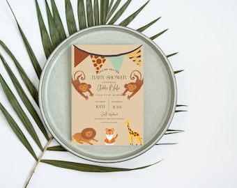 Może przedstawiać: Zaproszenie na baby shower z motywem dżungli. Zaproszenie zawiera ilustracje lwa, tygrysa, żyrafy i małp. Tekst brzmi: "You're Invited, Baby Shower, Honoring Addie Blake, Soon to be Momma, October 10th, Saturday 11 AM."