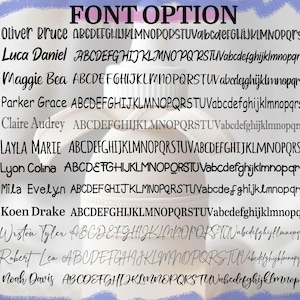 May include: A list of names with corresponding font options. The names are Oliver Bruce, Luca Daniel, Maggie Bea, Parker Grace, Claire Audrey, Layla Marie, Lyon Colina, Mila Evelyn, Koen Drake, Wiston Tyler, Robert Leo, and Noah Davis. Each name is followed by a list of letters in uppercase and lowercase, representing the font options.