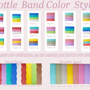 May include: A display of silicone bottle bands featuring eighteen numbered color combinations, plus individual wave and straight band options in pink, coral red, purple, lake blue, blue, white, dark red, yellow, green, brown, gray, and light red.