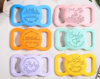 Custom Pet AirTag Collar Holder,Dog Name Tag,AirTag Cat Collar,Silicone Slient Air Tag Case,Engraved gps Air Tag Case for Dog Collar