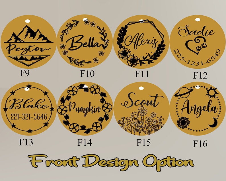 May include: A collection of gold-colored pet tags with various designs and names. Designs include mountains, floral wreaths, and celestial elements. Some tags feature names like "Peyton," "Bella," and "Alexis," along with phone numbers.