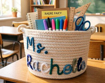 Personalized Teacher Appreciation Gift Basket, Custom Name Storage Container