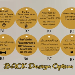 May include: Gold-colored pet ID tags with various messages, including "Help Me!" and "I'm lost," along with contact information. Each tag has a different design and text, with a paw print, bone, sun, and heart icons.