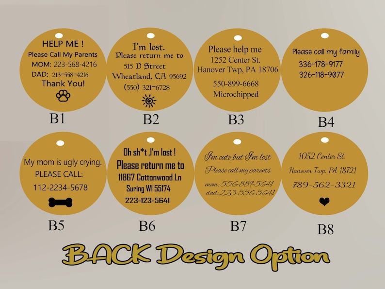 May include: Gold-colored pet ID tags with various messages, including "Help Me!" and "I'm lost," along with contact information. Each tag has a different design and text, with a paw print, bone, sun, and heart icons.