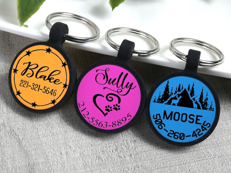 May include: Three personalized pet ID tags with black rubber surrounds and silver key rings. The tags feature names and phone numbers on orange, pink, and blue backgrounds. One tag has stars, another a heart and paw prints, and the third a mountain scene.