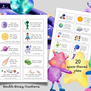Pode incluir: Um conjunto de 20 cartas de piadas com tema espacial com ilustrações coloridas de planetas, estrelas, alienígenas e foguetes. As cartas são impressas em papel branco com texto preto e são perfeitas para uma atividade divertida e educativa.