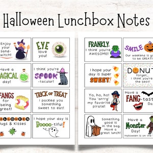 May include: A sheet of Halloween Lunchbox Notes with various colorful illustrations and text. The notes include phrases like "Enjoy your sand-witch!", "Eye love you!", and "Have a magical day!" for kids.