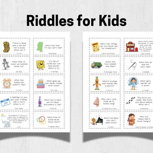 Op de afbeelding: Twee witte vellen papier met de tekst "Riddles for Kids" bovenaan. Elk vel heeft een raster van geïllustreerde raadselkaarten. De raadsels zijn in verschillende kleuren en bevatten tekeningen van objecten en dieren.