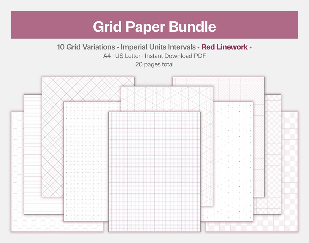Grid Paper Bundle, 10 Variations, Imperial Units, Red Linework (instant ...
