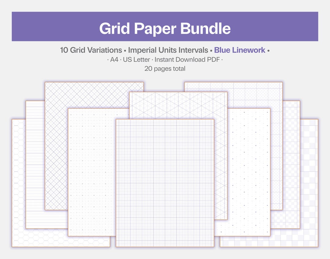 Unit Gride Grid Paper Bundle, 10 Variations, Imperial Units, Blue Linework (PDF ...