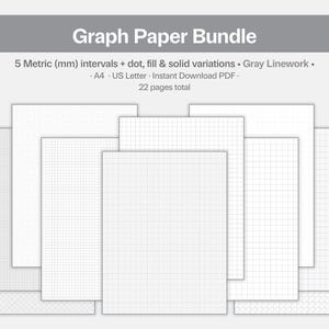 Può includere: Un pacchetto di fogli di carta millimetrata con vari modelli di griglia, tra cui varianti a punti, riempimento e solide. Il testo in alto recita "Graph Paper Bundle". La carta è in formato A4 e US Letter, con un totale di 22 pagine.