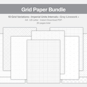 May include: A bundle of grid paper variations, featuring 10 different grid styles with imperial unit intervals and gray linework. Includes A4 and US Letter sizes, available as an instant download PDF, with a total of 20 pages.