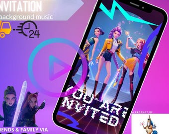 K-pop Demon Hunters kinderverjaardagsuitnodiging, geanimeerd digitaal jagersthema, Huntrix Kpop-verjaardagsvideo en Evite