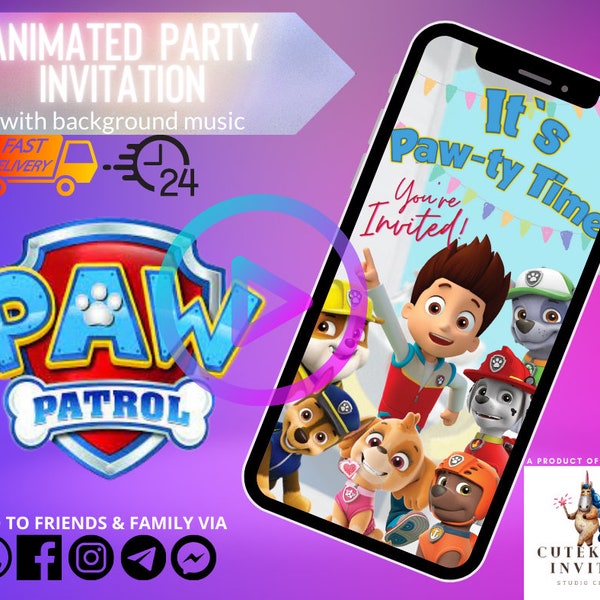 Paw Patrol Birthday Video Invitation , Paw Patrol Theme Invitation , Paw Patrol Character Digital Birthday Video, Paw-ty to the rescue