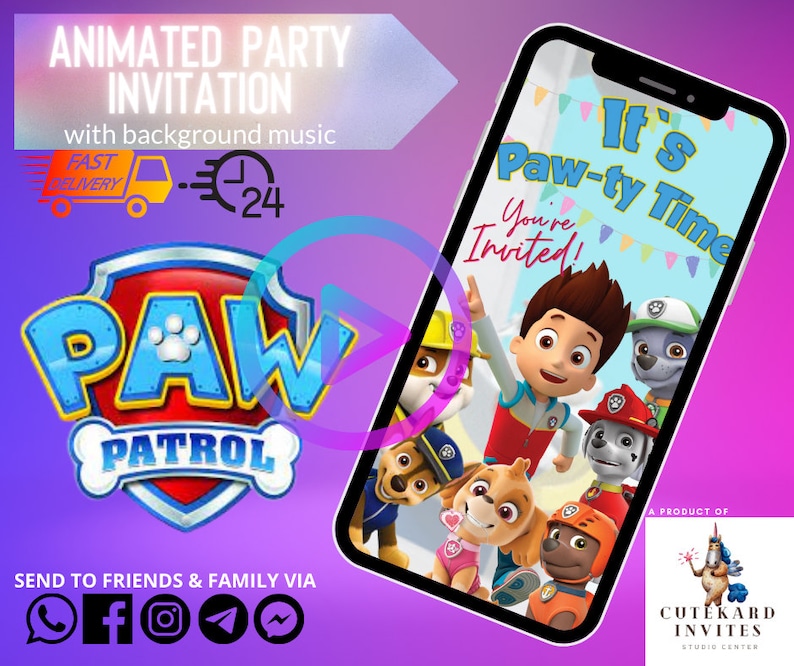 Op de afbeelding: Een geanimeerde Paw Patrol-partij uitnodiging met een blauwe achtergrond en kleurrijke decoraties. De tekst luidt "It's Paw-ty Time! You're Invited!" en toont de Paw Patrol-karakters.