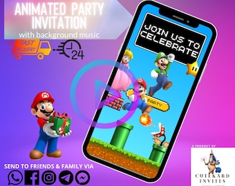 Uitnodiging verjaardagsvideo Super Mario Birthday Race: geanimeerde feestavond (digitaal)