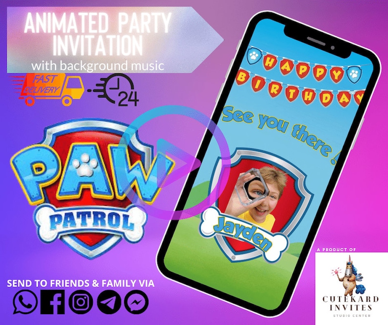 Our Paw Patrol Birthday Invitation Video will feature your kid's photo
