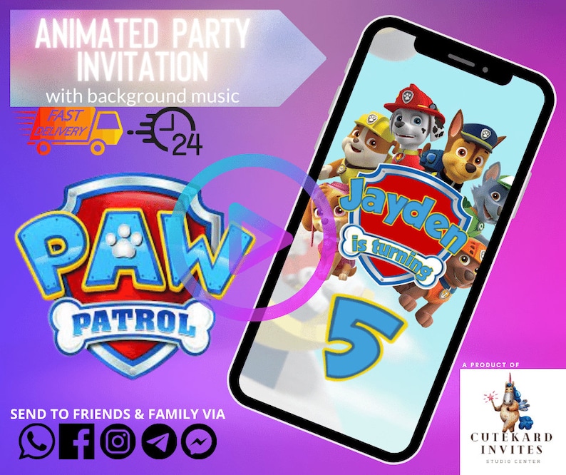 Birthday invitation video by CuteKard Invites featuring Paw Patrol. Kids digital birthday invites featuring Paw Patrol.