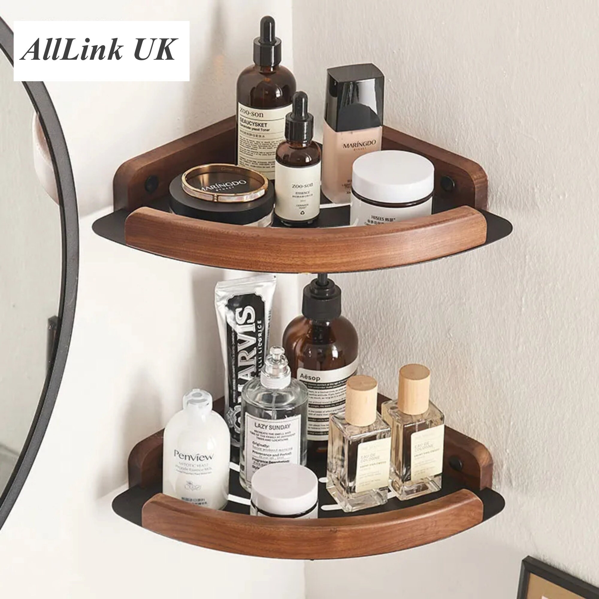 Utoplike Teak Wood Shower Caddy Corner, 2 Tier Bathroom Organizer  Countertop