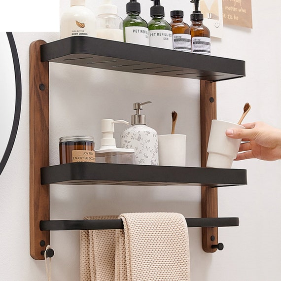 Multi-layer Wooden Bathroom Shelf Wall Mounted Single/double Kitchen Rack  Aluminum Bathroom Wall Shelf Towel Storage Bar and Shampoo Holder 