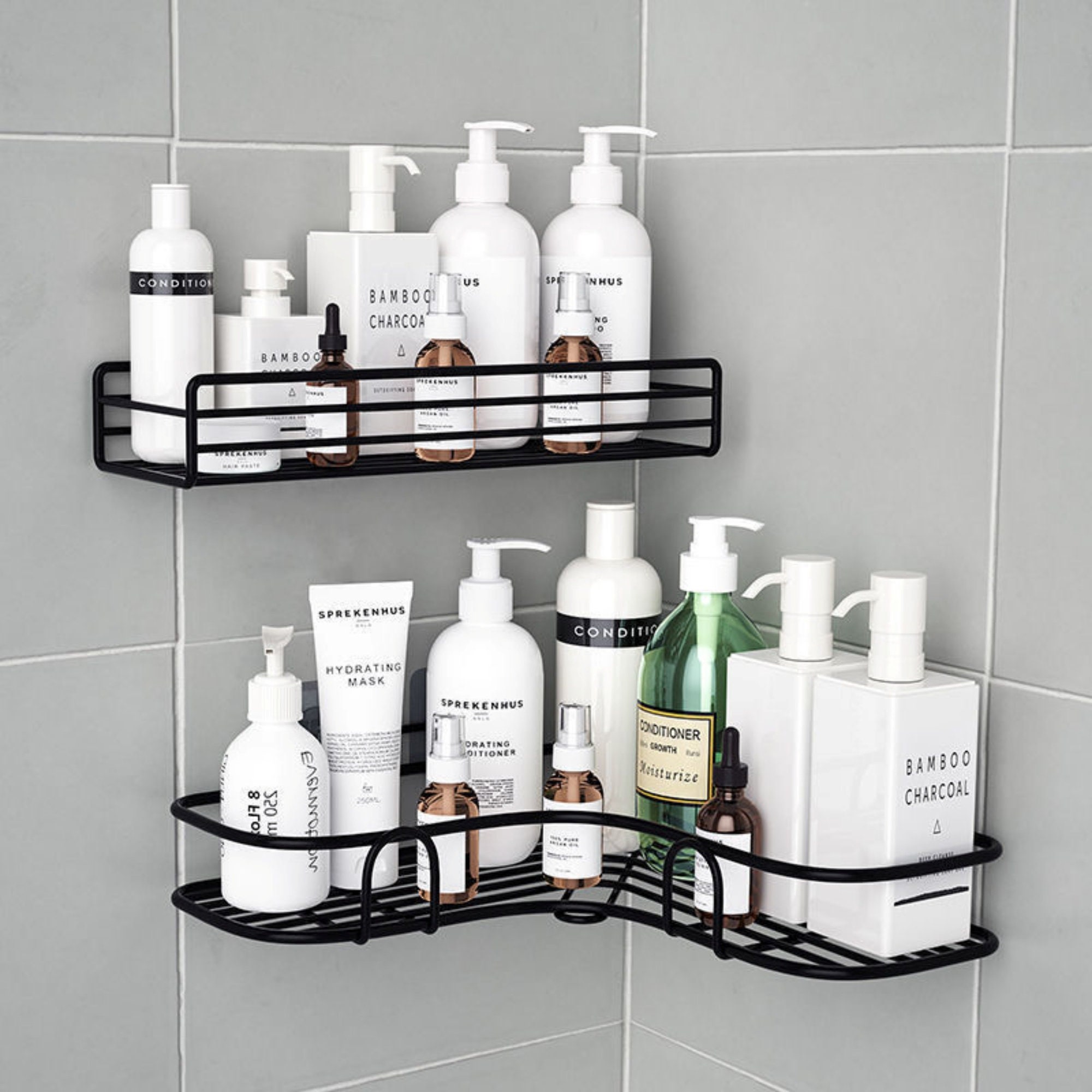 maxiffe corner shower caddy, shower organizer corner shower shelf with 8  hooks,2-pack adhesive stainless steel maxiffe shower shelves