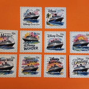 May include: Ten colourful postage stamps featuring Disney Cruise Line ships. Each stamp has a different ship name and a 70c price. The stamps are arranged in two rows of five.