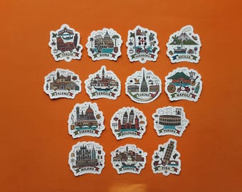 Italy and its areas and cities travel inspired handmade stickers