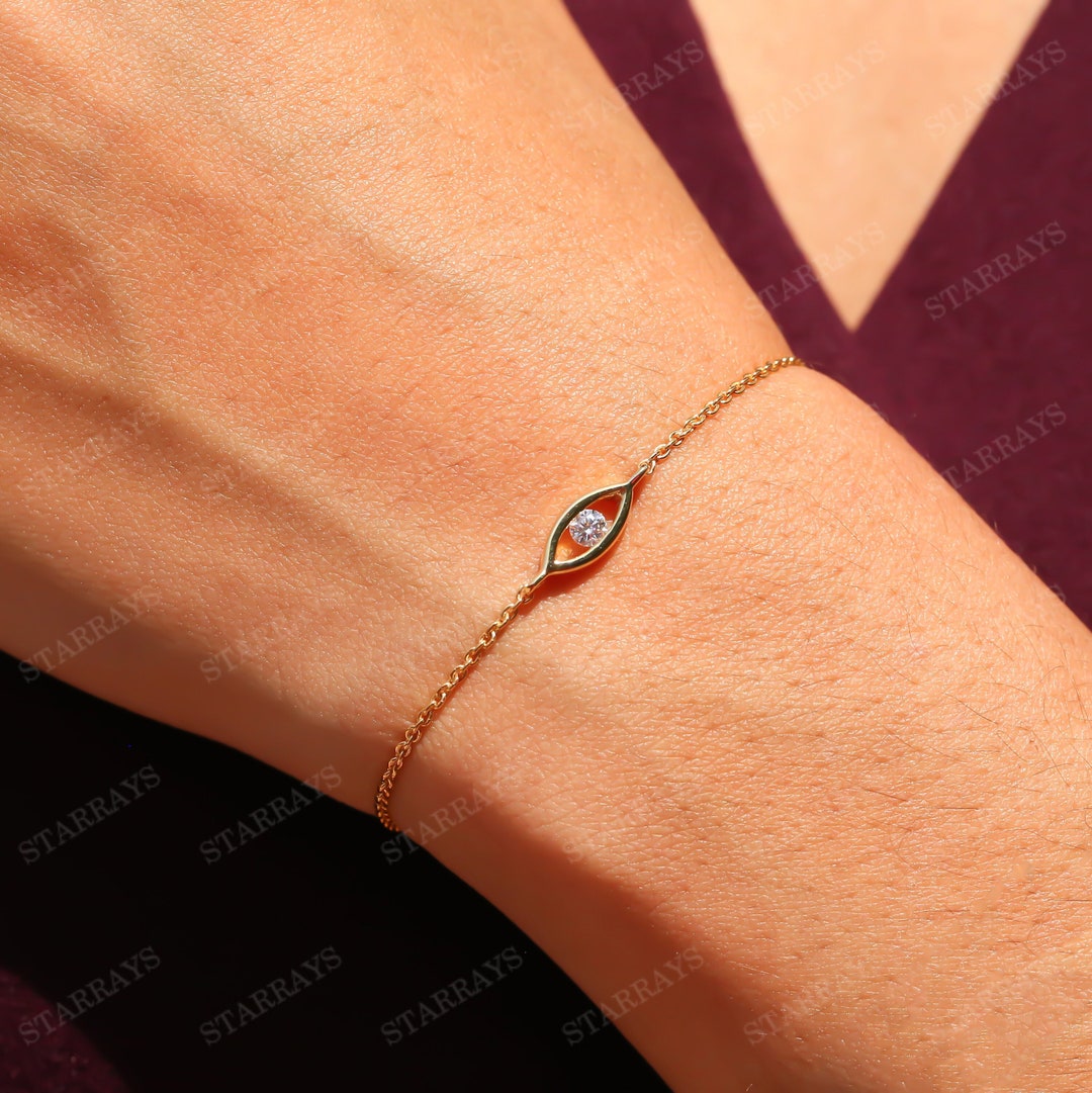 14K Gold Diamond Evil Eye Bracelet, Diamond Solitaire Bracelet