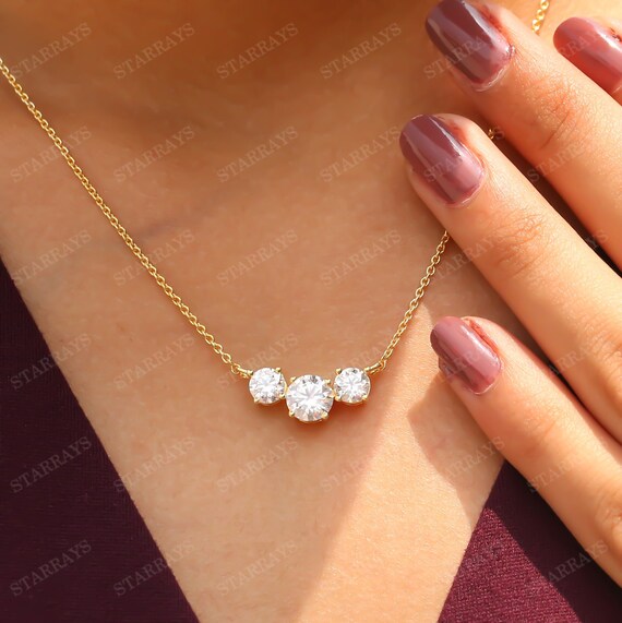 Classic 3 Stone Diamond Necklace / 14k Gold Moissanite Necklace