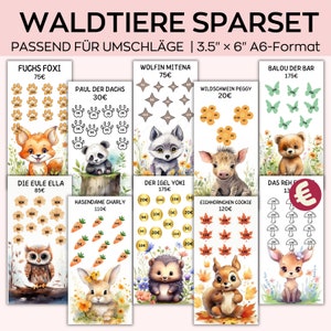 May include: A set of 10 printable animal-themed money saving charts for kids. Each chart features a different woodland animal, such as a fox, owl, badger, and deer, and includes a variety of coin denominations. The charts are designed to help children learn about saving money and track their progress.