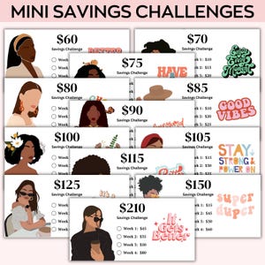 May include: A set of 10 colorful cards with different savings challenges. Each card features a woman's illustration and a savings goal amount. The cards include text such as "Savings Challenge", "Week", "ek", and motivational phrases like "Enjoy Every Moment", "Good Vibes", and "It Gets Better".