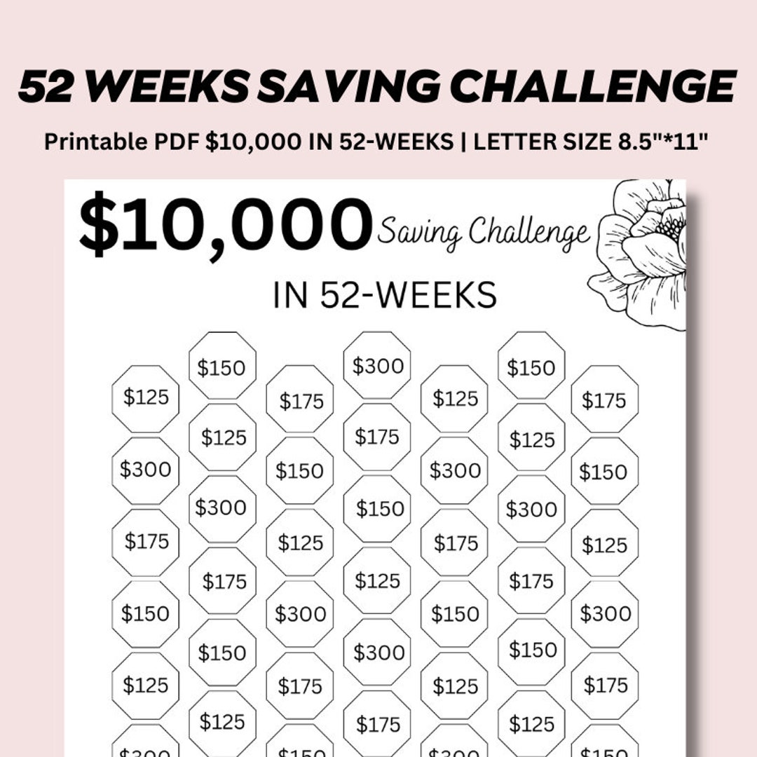 10K Savings Challenge Printable in One Year, Save 10000 in 52 Weeks ...