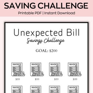 Puede incluir: Un rastreador de desafíos de ahorro imprimible con el título "Desafío de ahorro por factura inesperada" y un objetivo de 200 €. El rastreador presenta ocho ilustraciones en blanco y negro de facturas con un billete de 10 € debajo de cada una. Cada factura tiene un valor de 10 €.