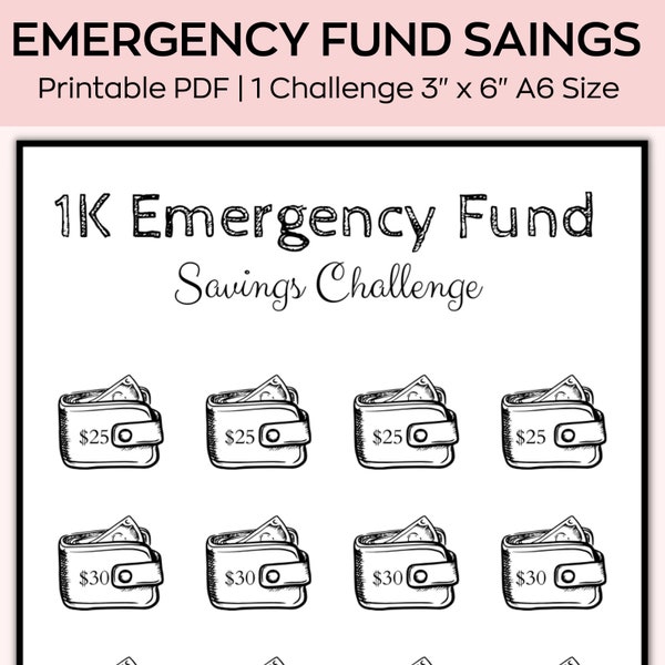 A6 1K Emergency Fund Savings Challenge, Mini Savings Challenge,Save Dollars,Low Budget planner,Saving Printable Tracker,Fit A6 Cash Envelope