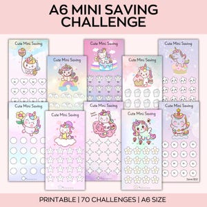 May include: A collection of printable A6 mini saving challenge cards. Each card features a cute unicorn design with various shapes for tracking savings. The cards are in pastel colors and include text that reads "Cute Mini Saving". The text "PRINTABLE | 70 CHALLENGES | A6 SIZE" is also visible.