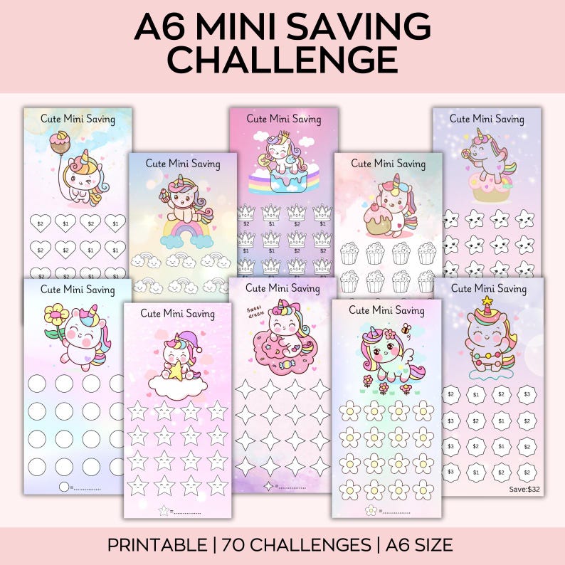 May include: A collection of printable A6 mini saving challenge cards. Each card features a cute unicorn design with various shapes for tracking savings. The cards are in pastel colors and include text that reads "Cute Mini Saving". The text "PRINTABLE | 70 CHALLENGES | A6 SIZE" is also visible.