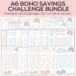 Puede incluir: Un conjunto de 20 tarjetas de desafío de ahorro imprimibles con diseños de arcoíris coloridos. Las tarjetas incluyen varios desafíos de ahorro, como un desafío de ahorro de 26 semanas, un desafío de 50 sobres, un desafío de ahorro de 5000 € y un desafío de ahorro de 30 días.