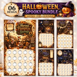 Puede incluir: Un conjunto de rastreadores de ahorros Halloween Spooky Bundle con seis hojas decorativas con temas de otoño y festividades. Cada hoja incluye ilustraciones de calabazas, fantasmas, gatos y casas encantadas con iconos para registrar ahorros.