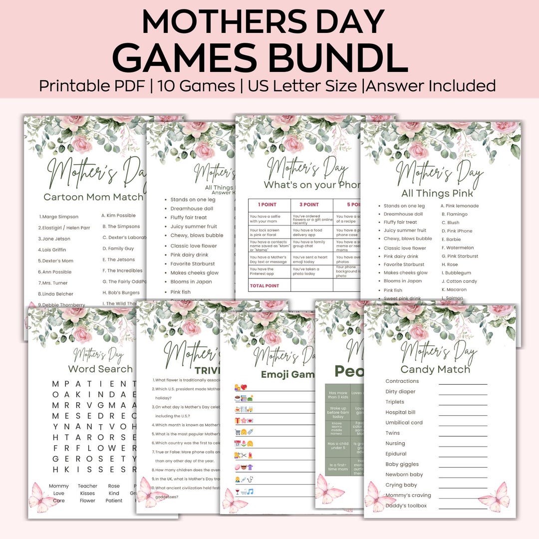 Printable Mother's Day Games With Answer Sheets, Mother's Day Party ...