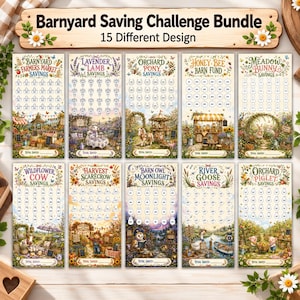 Puede incluir: Un paquete de desafíos de ahorro Barnyard con 15 diseños diferentes en tarjetas rectangulares. Cada tarjeta muestra una ilustración única con temática de granja con filas de pequeños iconos para realizar un seguimiento de los ahorros.