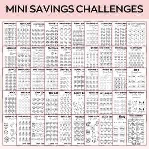 May include: A printable sheet with 30 different savings challenges. Each challenge has a title and a grid of circles to color in as you save money. The challenges include saving for a new phone, a vacation, a coffee fund, and more.