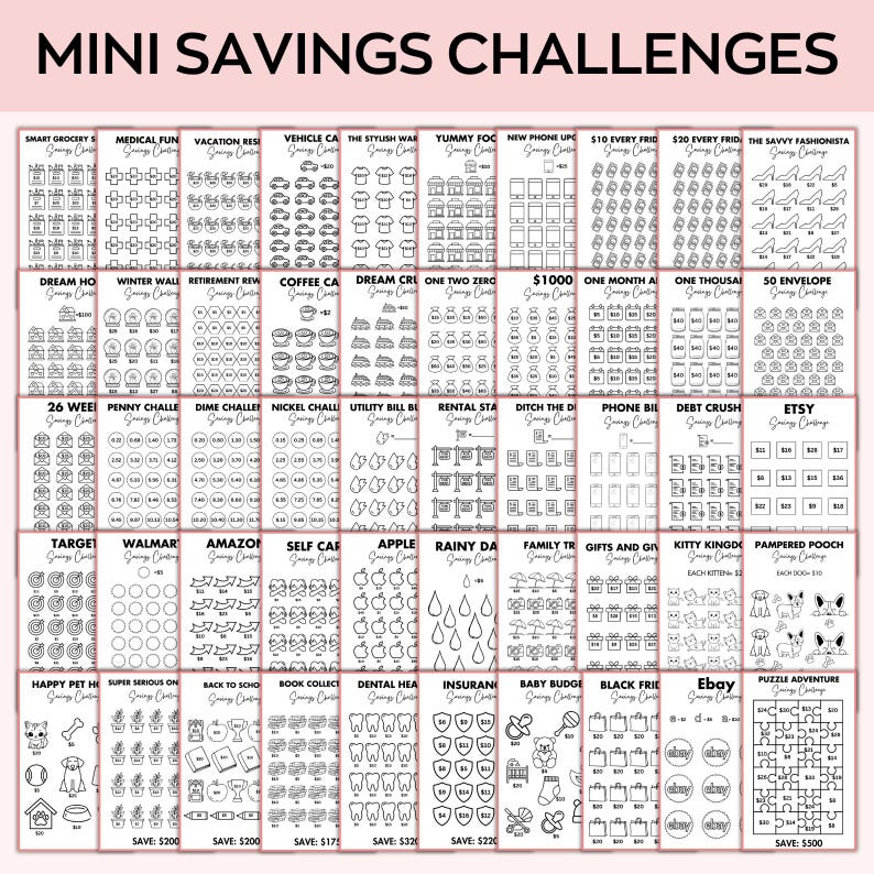 May include: A printable sheet with 30 different savings challenges. Each challenge has a title and a grid of circles to color in as you save money. The challenges include saving for a new phone, a vacation, a coffee fund, and more.