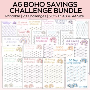 May include: A printable bundle of 20 different savings challenge charts featuring a boho rainbow design. Each chart has a different savings goal, such as $5000, $2000, $500, $40, $25, $10, $5, and $1. The charts are designed to help people save money over time.