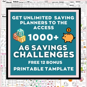 Può includere: Una grafica blu-verde con il testo "GET UNLIMITED SAVING PLANNERS TO THE ACCESS 1000+ A6 SAVINGS CHALLENGES FREE 12 BONUS PRINTABLE TEMPLATE". La grafica presenta una pila di blocchi di alfabeto colorati e un salvadanaio di cartone animato con un segno di dollaro.