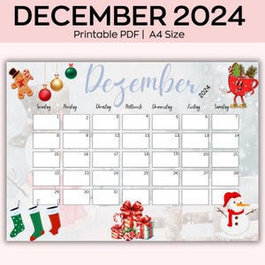 Afdrukbare kalender december 2024, kleurrijke kerst met schattige rendieren, afdrukbare planner voor kinderen, thuis, kantoor en werk, direct downloaden