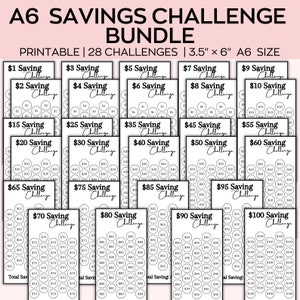 May include: A printable set of 28 savings challenge cards. Each card features a hexagonal grid with a pound sterling amount and the text "Saving Challenge". The cards are designed to help people save money by tracking their progress.
