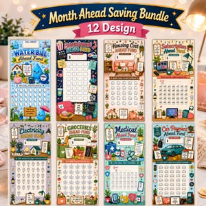 May include: A Month Ahead Saving Bundle featuring 12 colorful financial tracking sheets. Each sheet includes a specific savings goal, such as water, entertainment, housing, subscription, electricity, groceries, medical, and car payment funds.