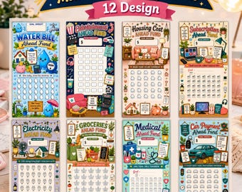 May include: A Month Ahead Saving Bundle featuring 12 colorful financial tracking sheets. Each sheet includes a specific savings goal, such as water, entertainment, housing, subscription, electricity, groceries, medical, and car payment funds.