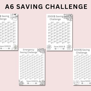 May include: A printable A6 size savings challenge with four different options: 1000$, 2000$, 5000$, and an emergency savings challenge. Each challenge is a grid of hexagons with dollar amounts to be saved in each hexagon. The grid is surrounded by floral designs.